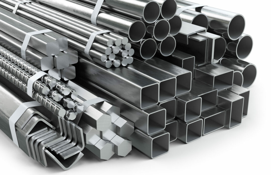 Different metal products. Stainless steel profiles and tubes. 3d illustration